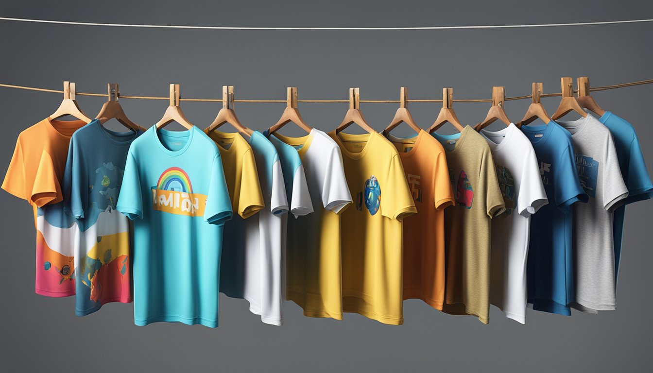 A group of colorful and comical t-shirts for men displayed on a clothesline, with whimsical designs and humorous graphics