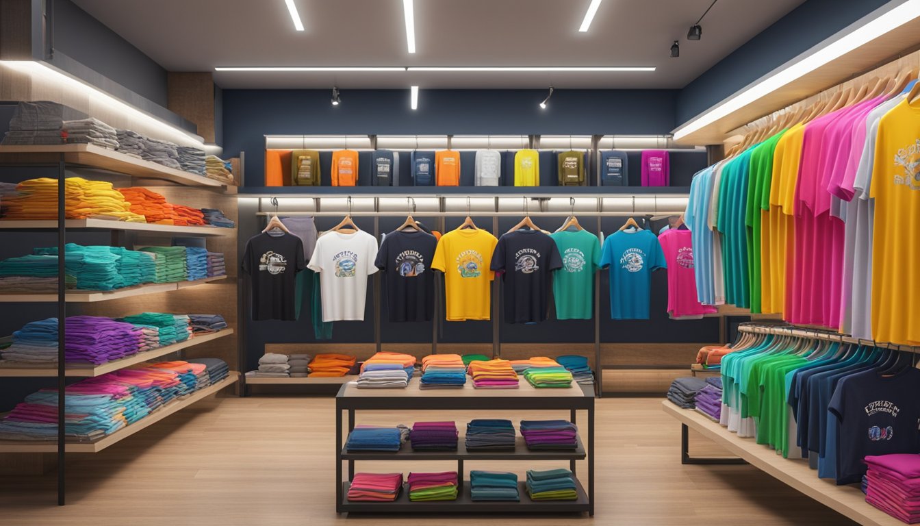 A colorful display of funny t-shirts on racks and shelves in a vibrant, well-lit store. Various designs and sizes are neatly organized for browsing