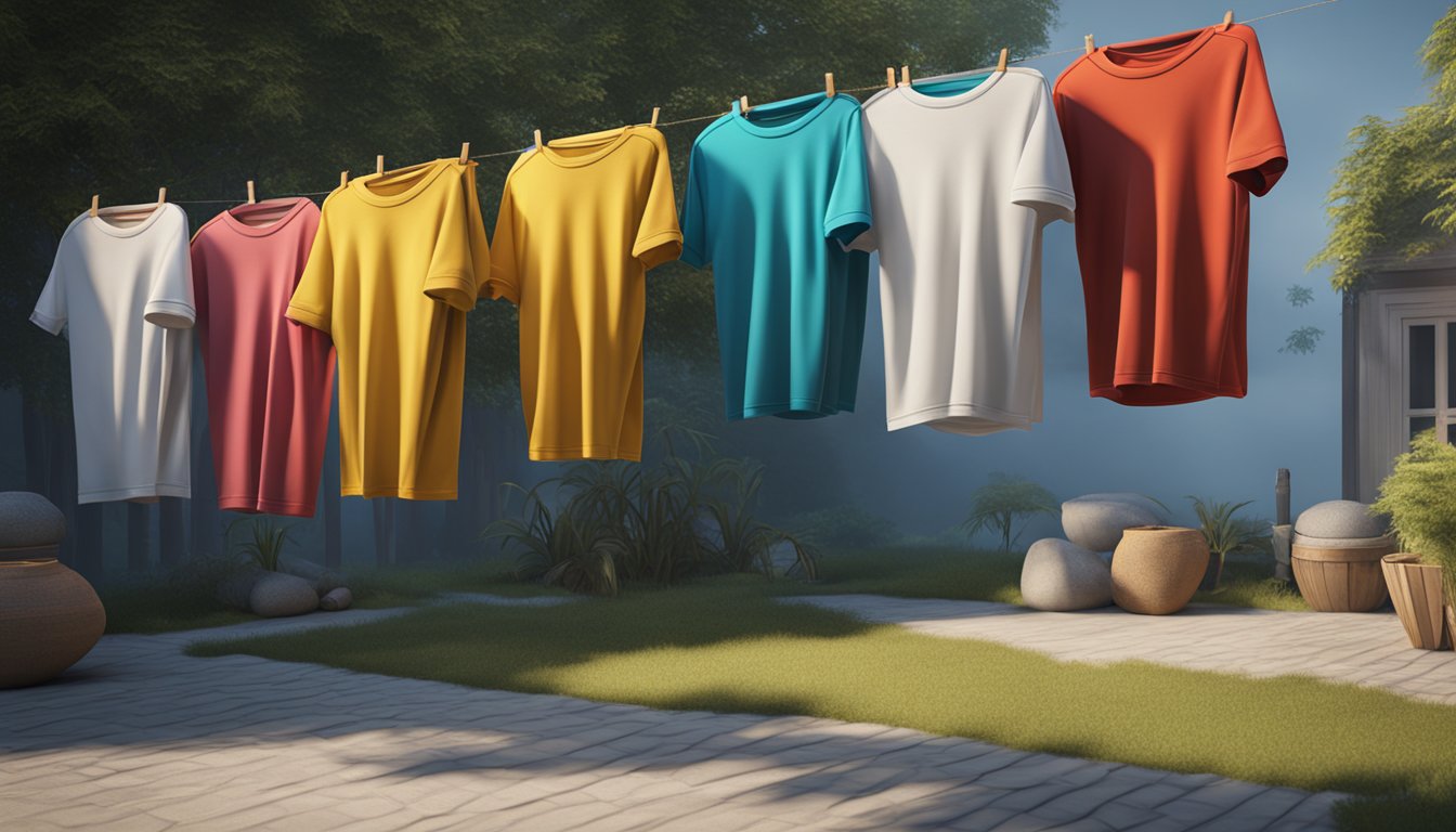 A group of comically oversized T-shirts hanging on a clothesline, with smaller T-shirts scattered on the ground
