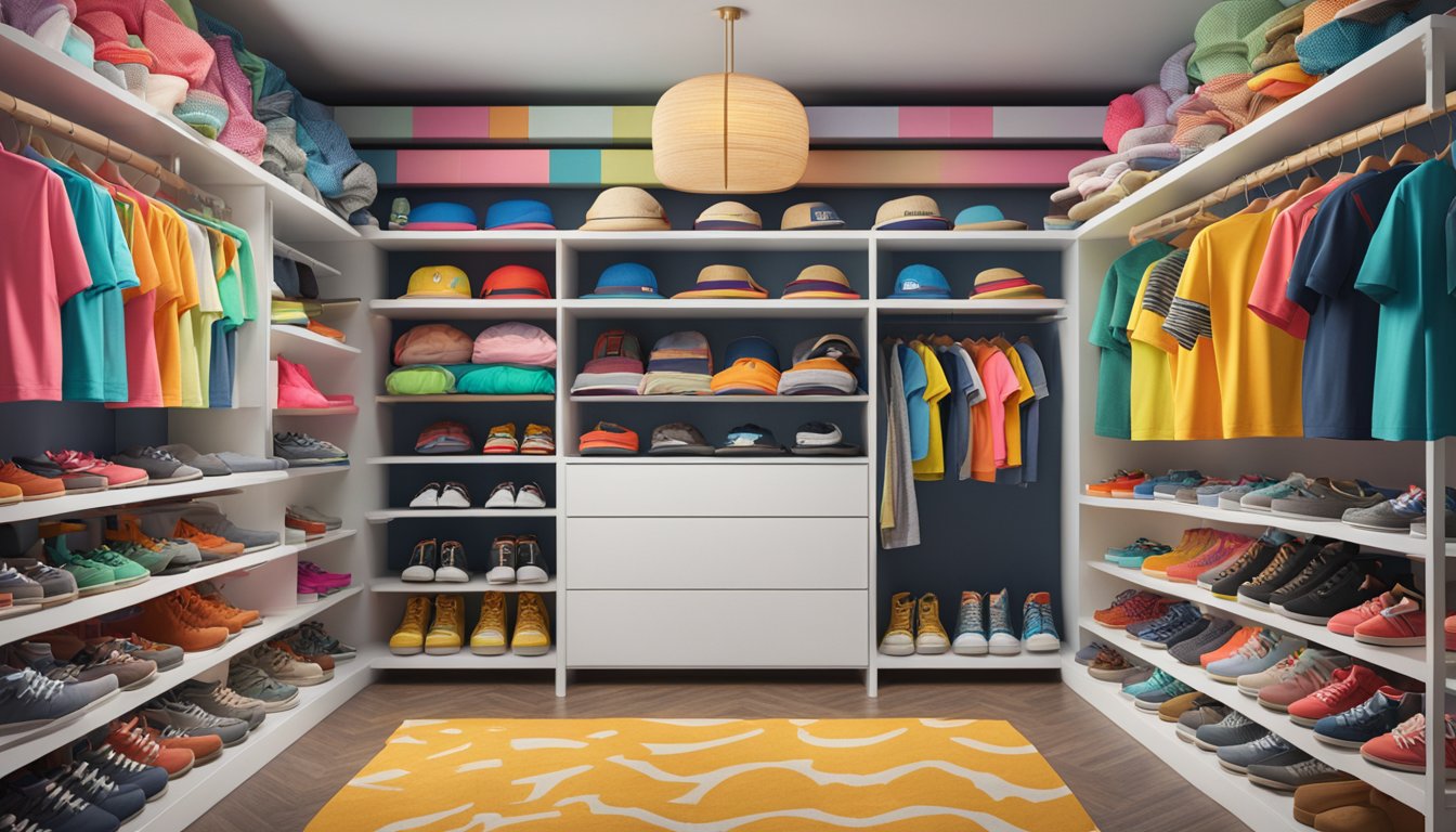 A closet filled with colorful and quirky graphic tees, surrounded by fun accessories like hats, sunglasses, and sneakers