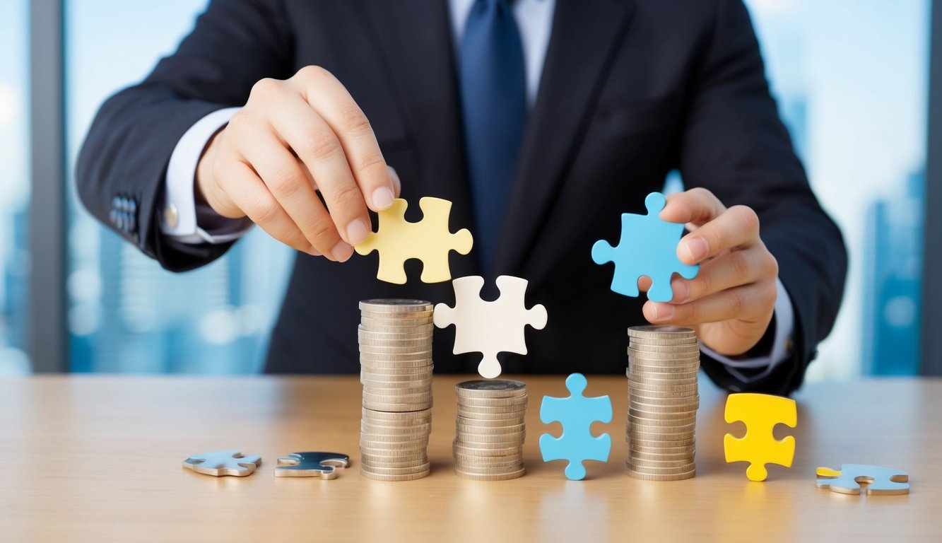 A corporate tax accountant strategically arranges puzzle pieces representing payment timing and liability reduction, saving time and money