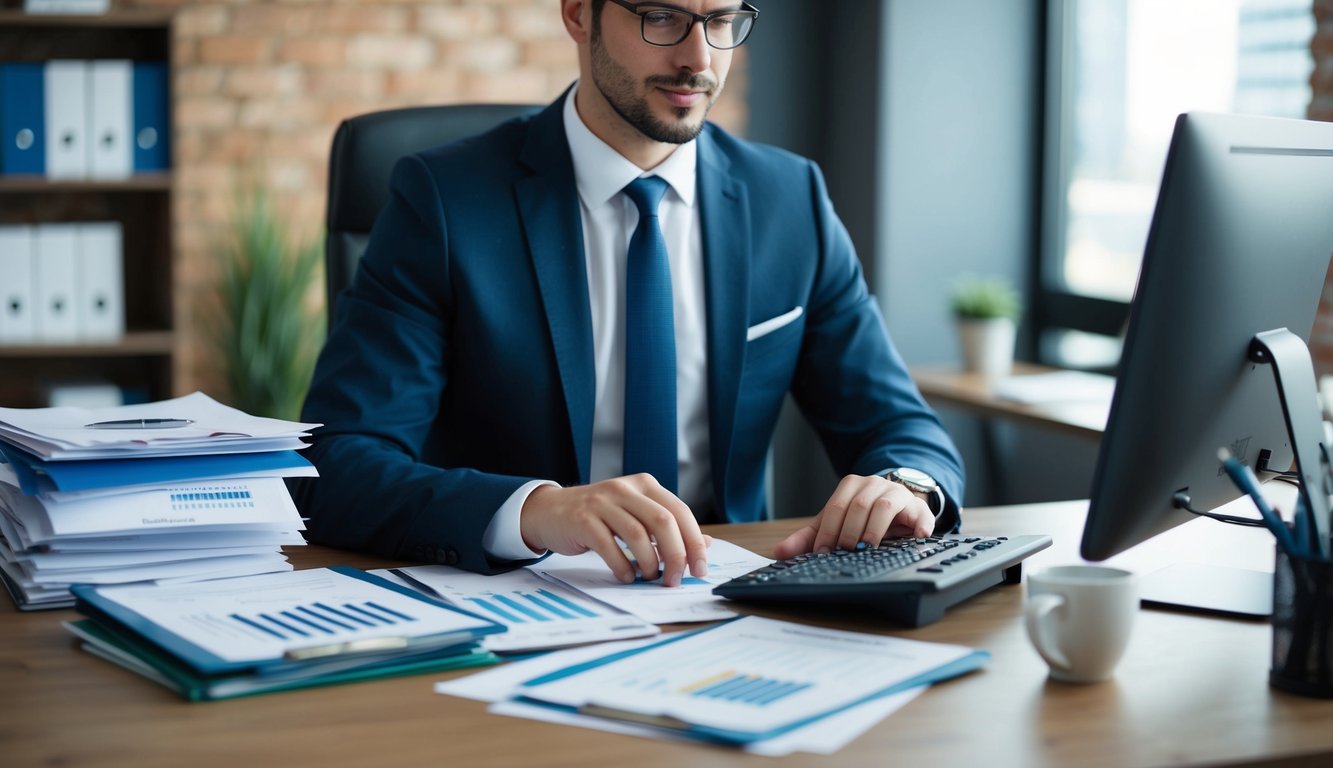A corporate tax accountant working at a desk, surrounded by financial documents and a computer, analyzing data and making calculations to save time and money