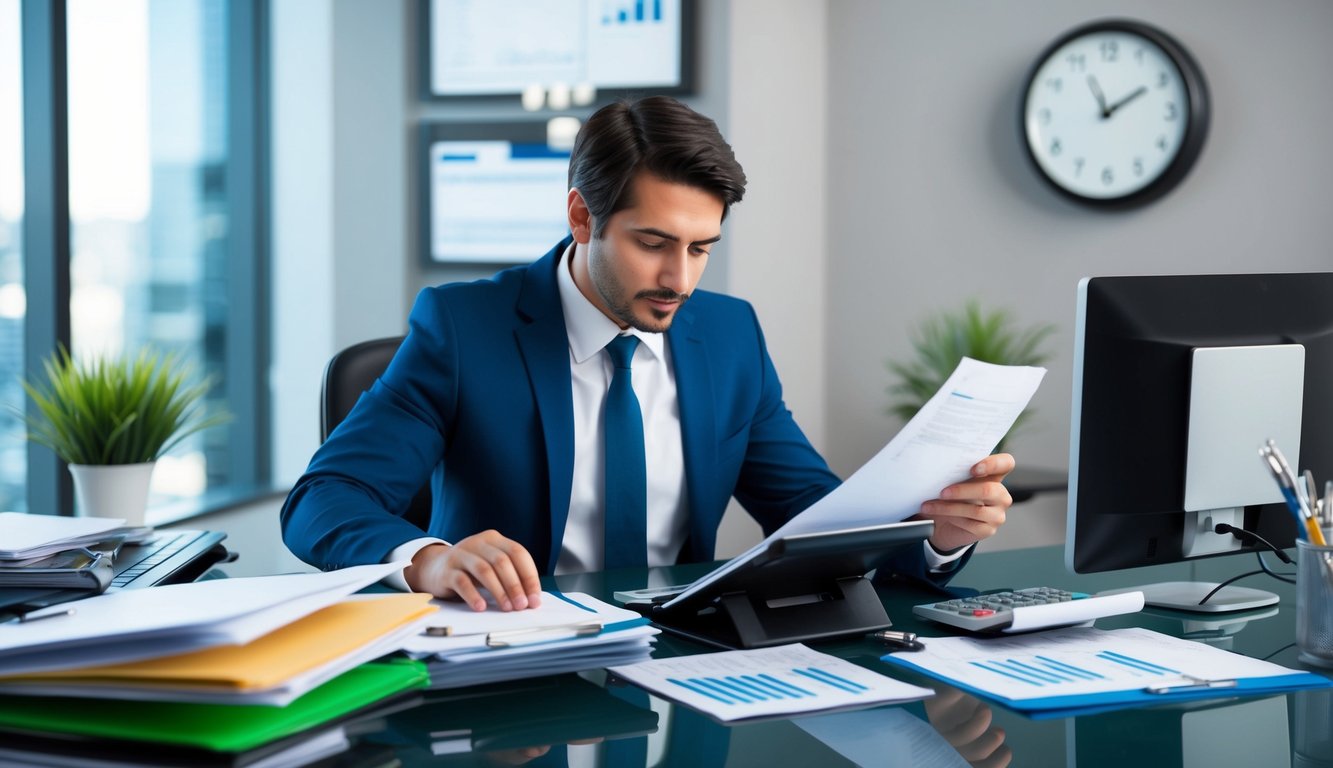 A corporate tax accountant at a desk, organizing files, using a calculator, and reviewing financial documents. A clock on the wall shows time passing
