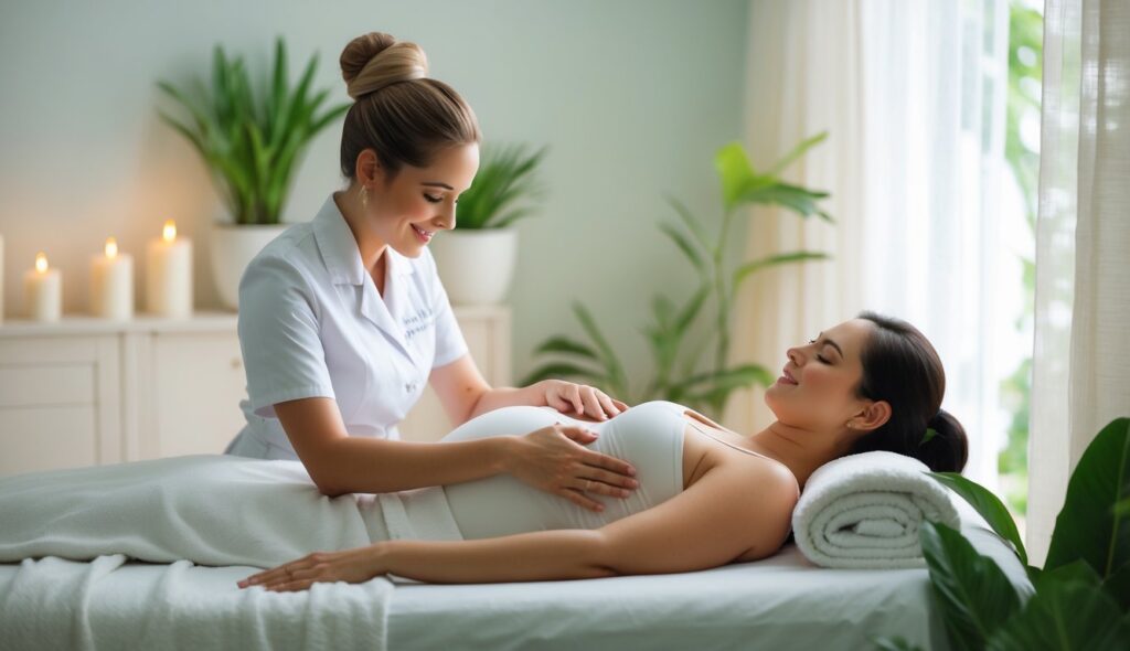 A pregnant woman receiving a gentle back massage from a therapist in a calm spa room with natural light and plants.