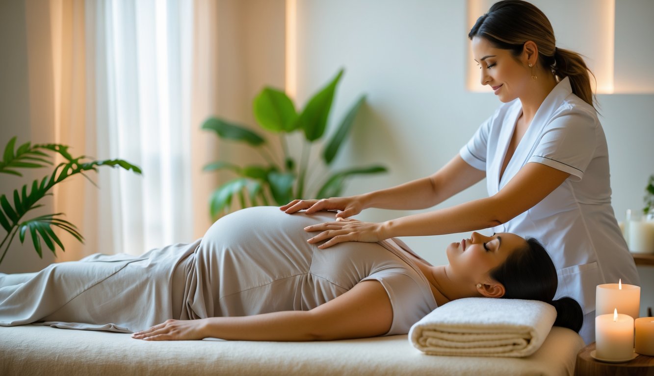 A pregnant woman lying on her side on a massage table receiving a gentle back massage from a therapist in a calm spa setting.