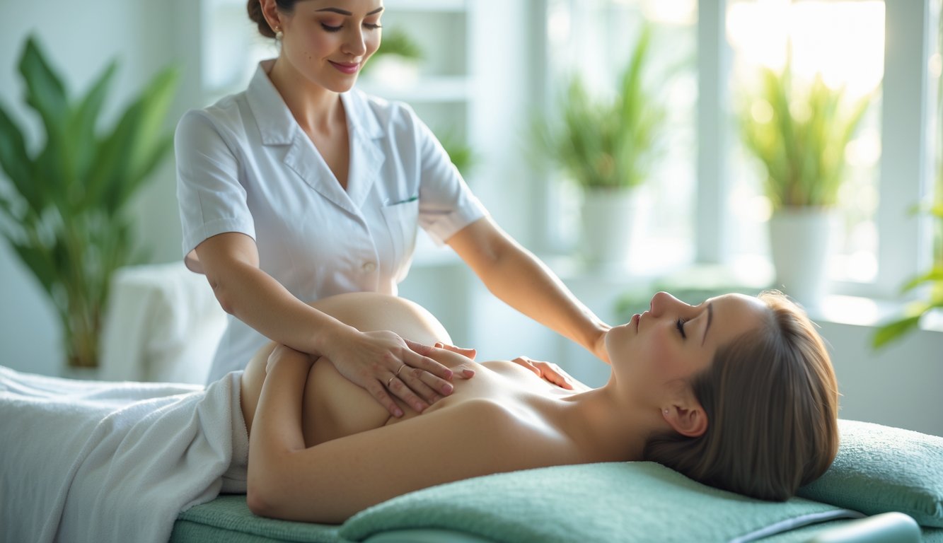 A pregnant woman lying on a massage table receiving a gentle lower back massage from a therapist in a bright, calm spa room.
