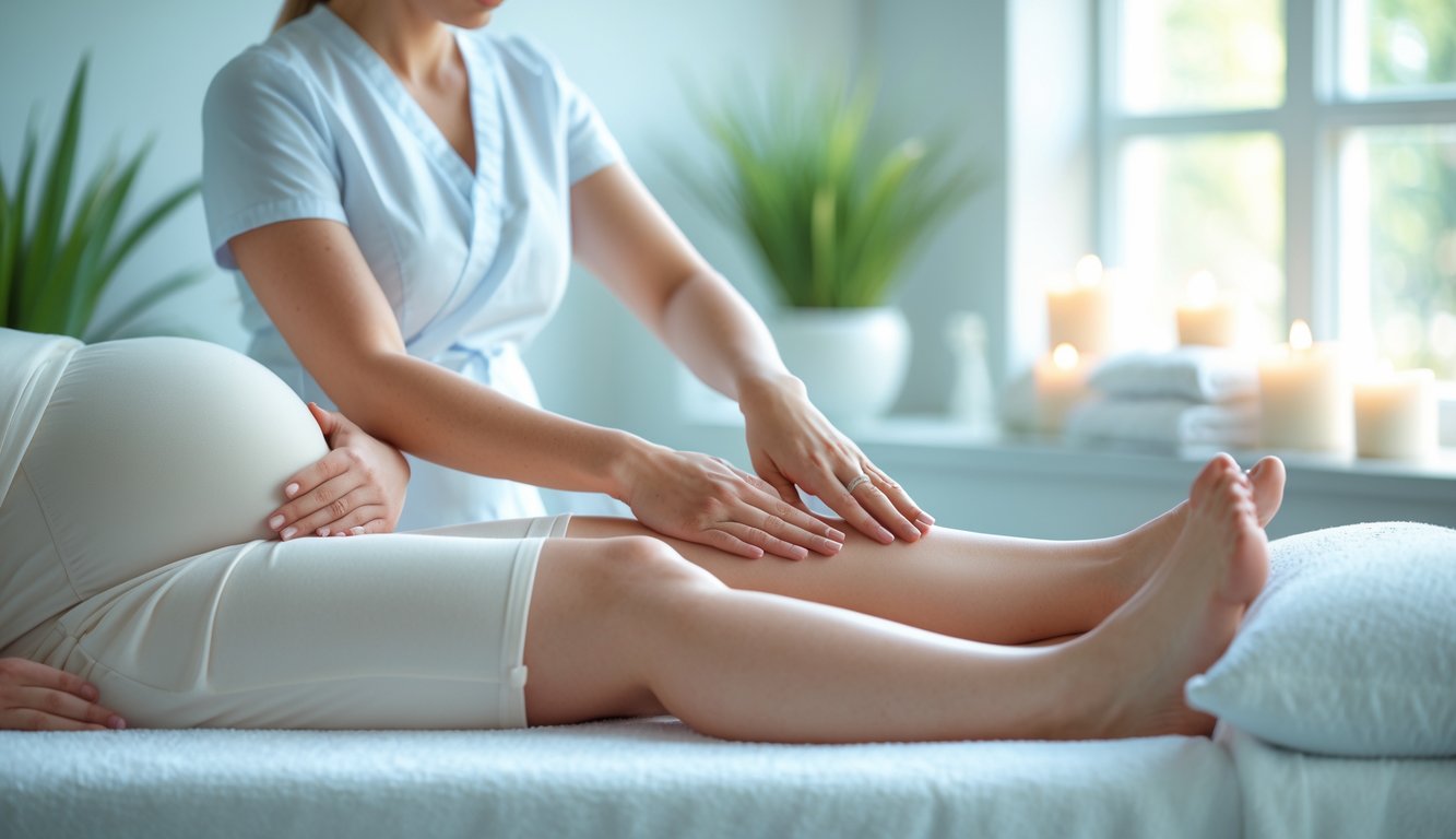 A pregnant woman lying on her side receiving a gentle leg massage from a therapist in a bright spa room.