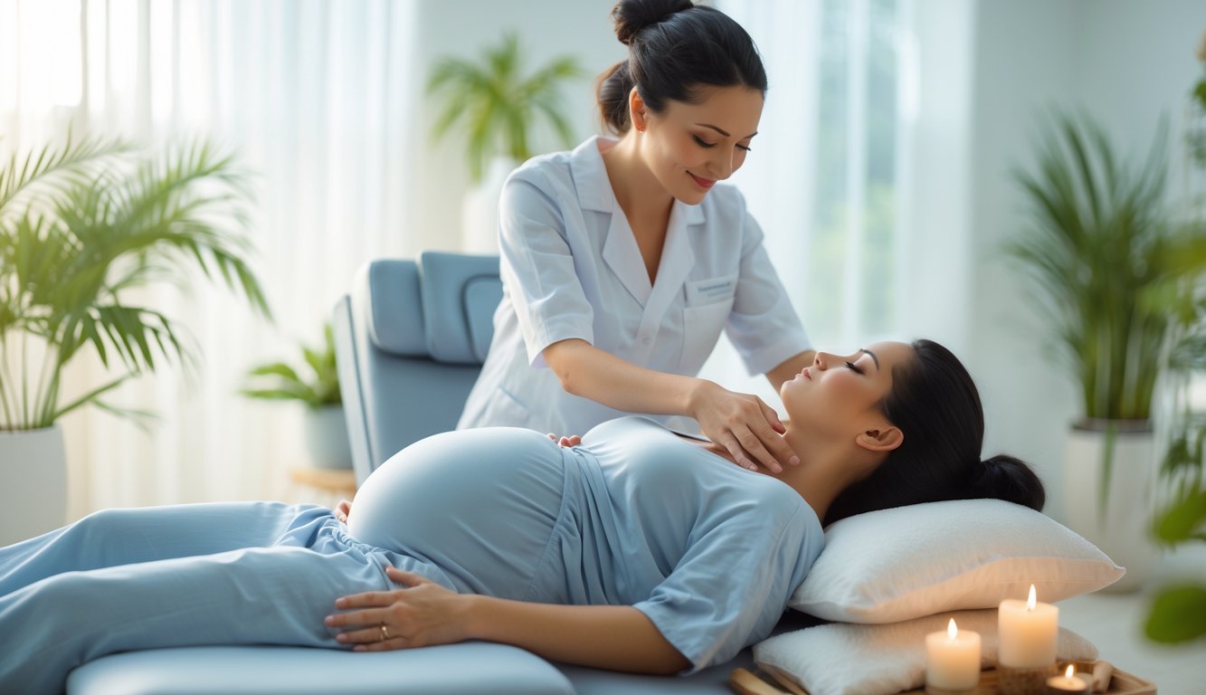 A pregnant woman receiving a gentle back massage from a therapist in a peaceful spa setting.