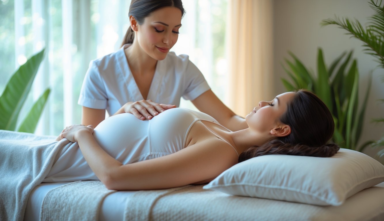 A pregnant woman receiving a relaxing shoulder and back massage from a therapist in a peaceful spa setting.