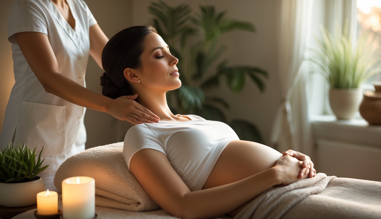 A pregnant woman receiving a gentle shoulder massage from a therapist in a calm, softly lit room.