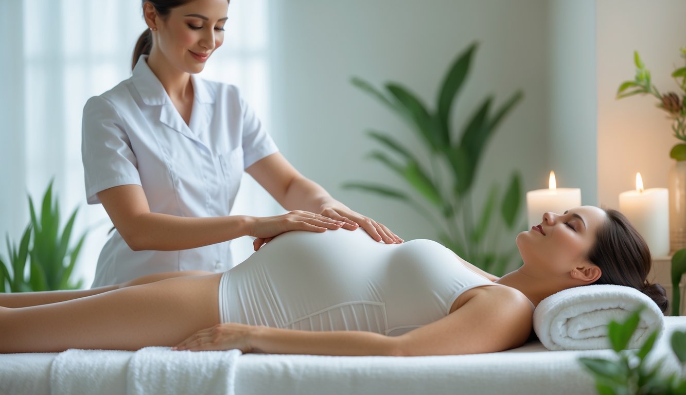 A pregnant woman lying on her side on a massage table receiving a gentle back massage from a therapist in a peaceful spa room.