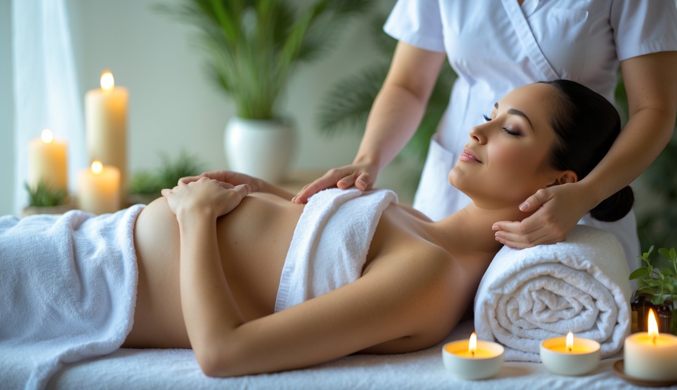 A pregnant woman receiving a gentle shoulder massage from a therapist in a calm spa setting.