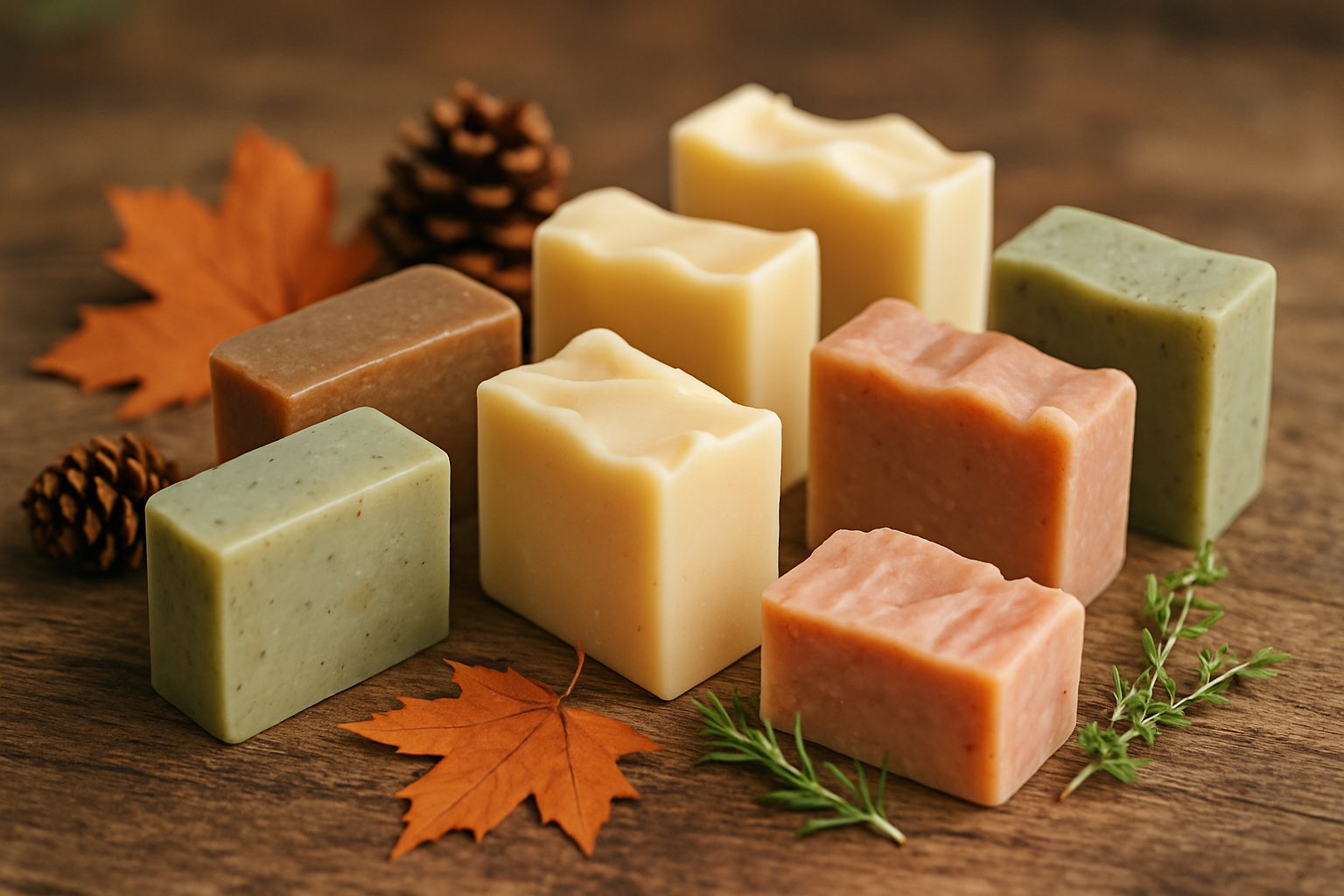 A collection of handmade soaps arranged on a wooden surface with pine cones, maple leaves, and herbs.
