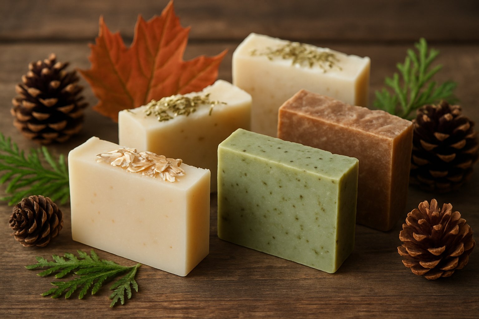A selection of handmade soaps with natural textures and Canadian plants arranged on a wooden surface.