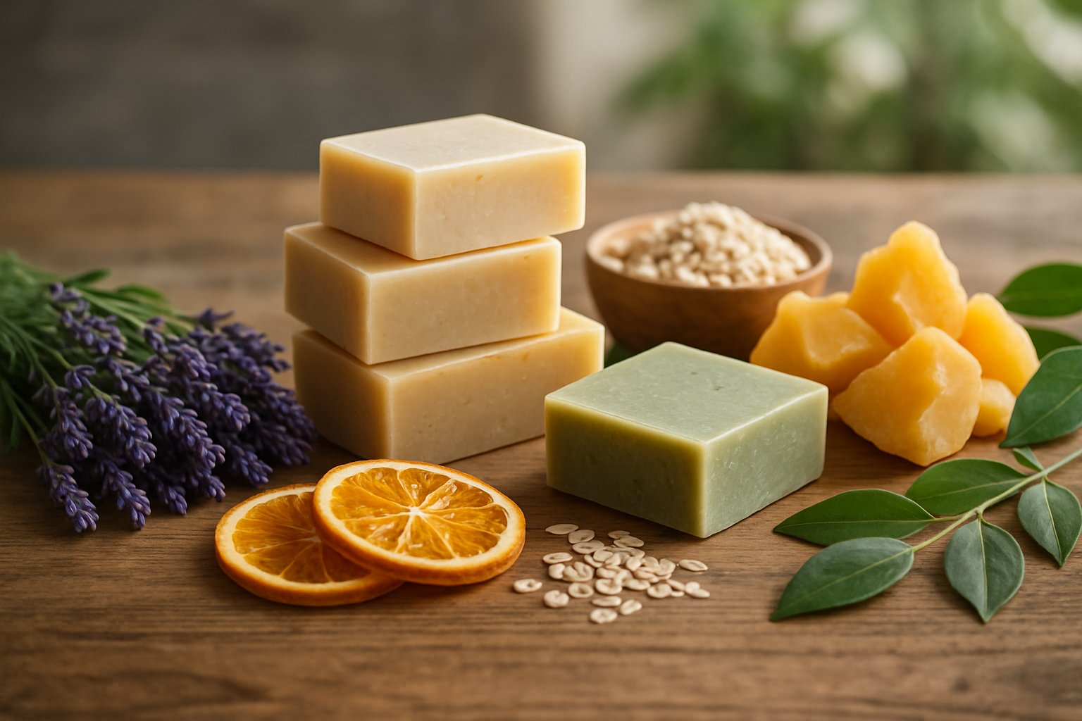 A wooden table with natural ingredients like lavender, orange slices, beeswax, oatmeal, and green leaves surrounding several bars of handmade soap.