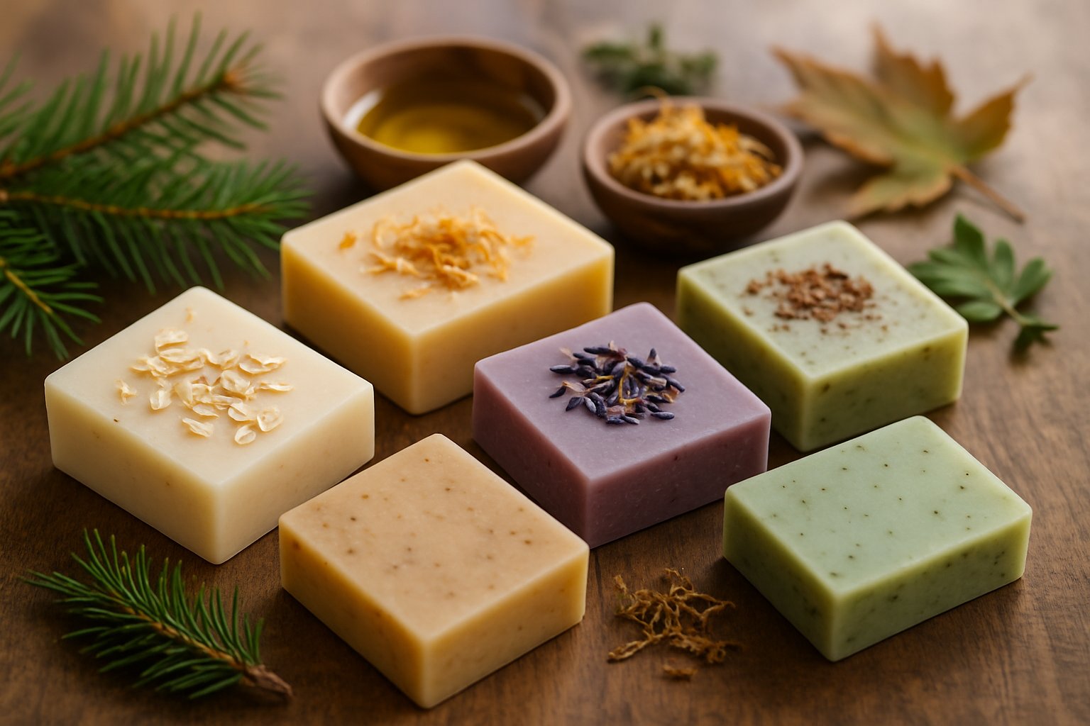 An assortment of handmade soaps with natural ingredients displayed on a wooden surface with pine branches and maple leaves nearby.