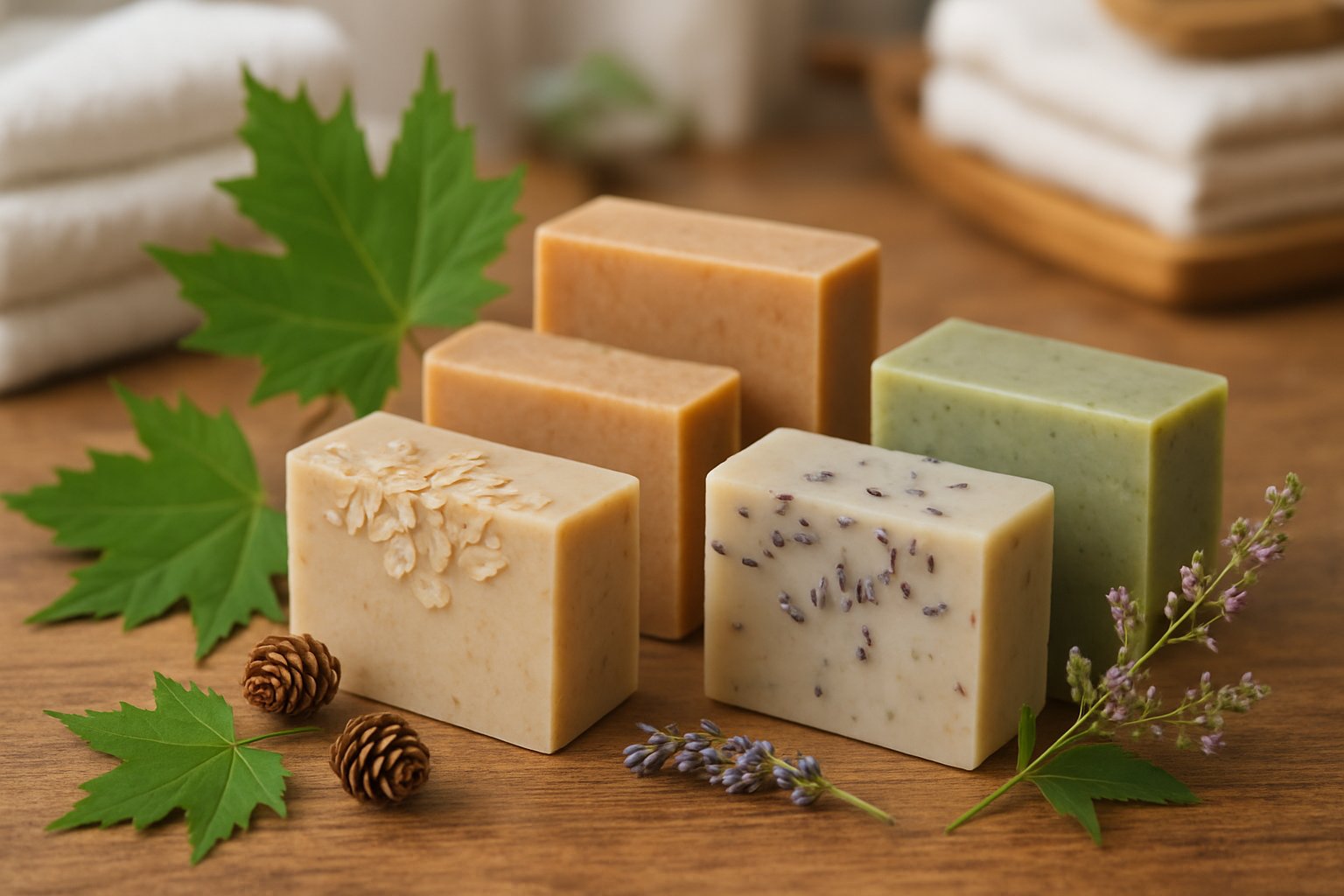 A collection of handmade natural soaps with maple leaves and wildflowers on a wooden surface.