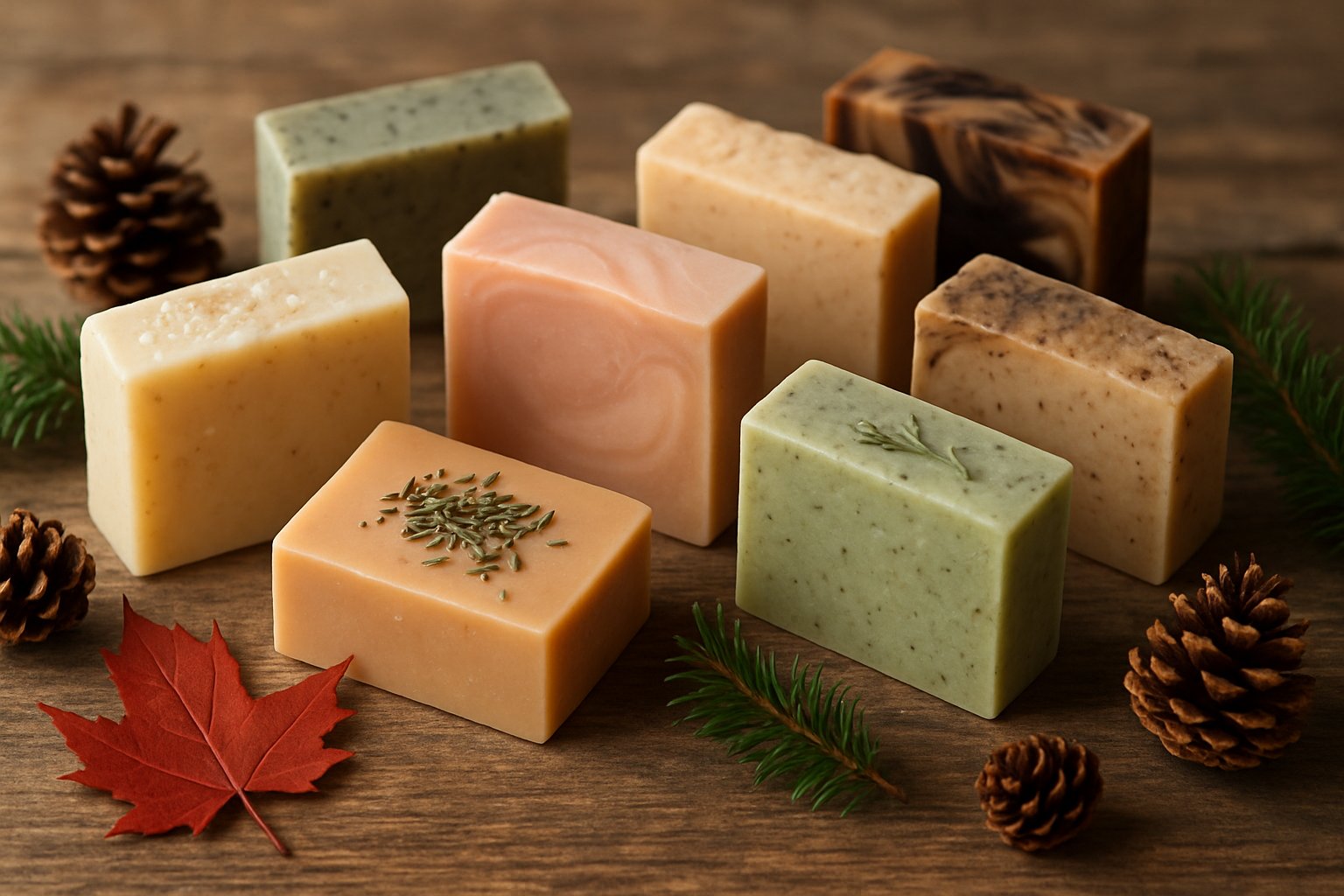 An assortment of handmade soaps in various natural colors arranged on a wooden surface with pinecones, maple leaves, and evergreen sprigs.