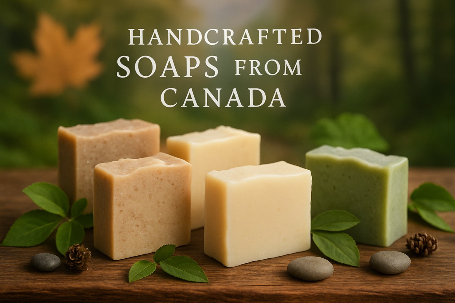 An arrangement of handmade soaps on a wooden surface with green leaves and natural elements, suggesting Canadian nature.