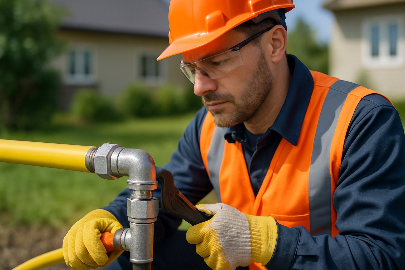 Technician wearing safety gear installing a gas line outdoors near a house.