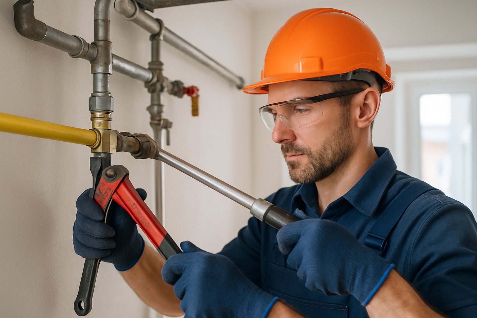 A technician wearing safety gear installs metal gas pipes inside a residential home.