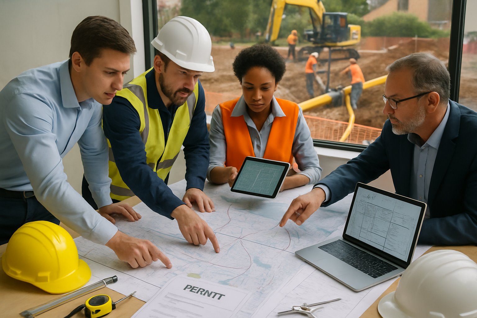 Engineers and construction professionals reviewing blueprints and documents in an office while a gas line installation site is visible through a window in the background.
