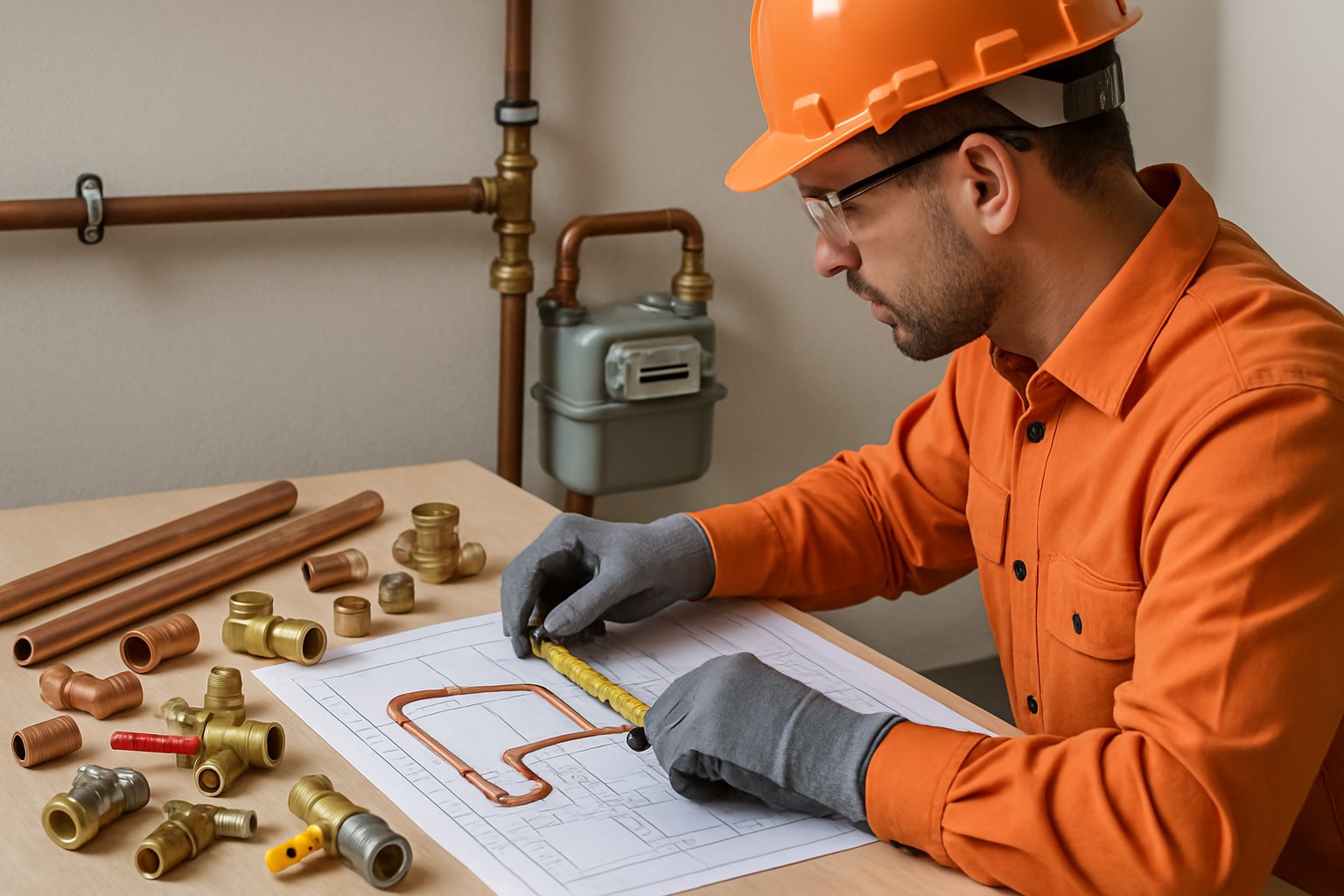 Technician measuring and planning a residential gas line system with tools and pipes on a workbench.