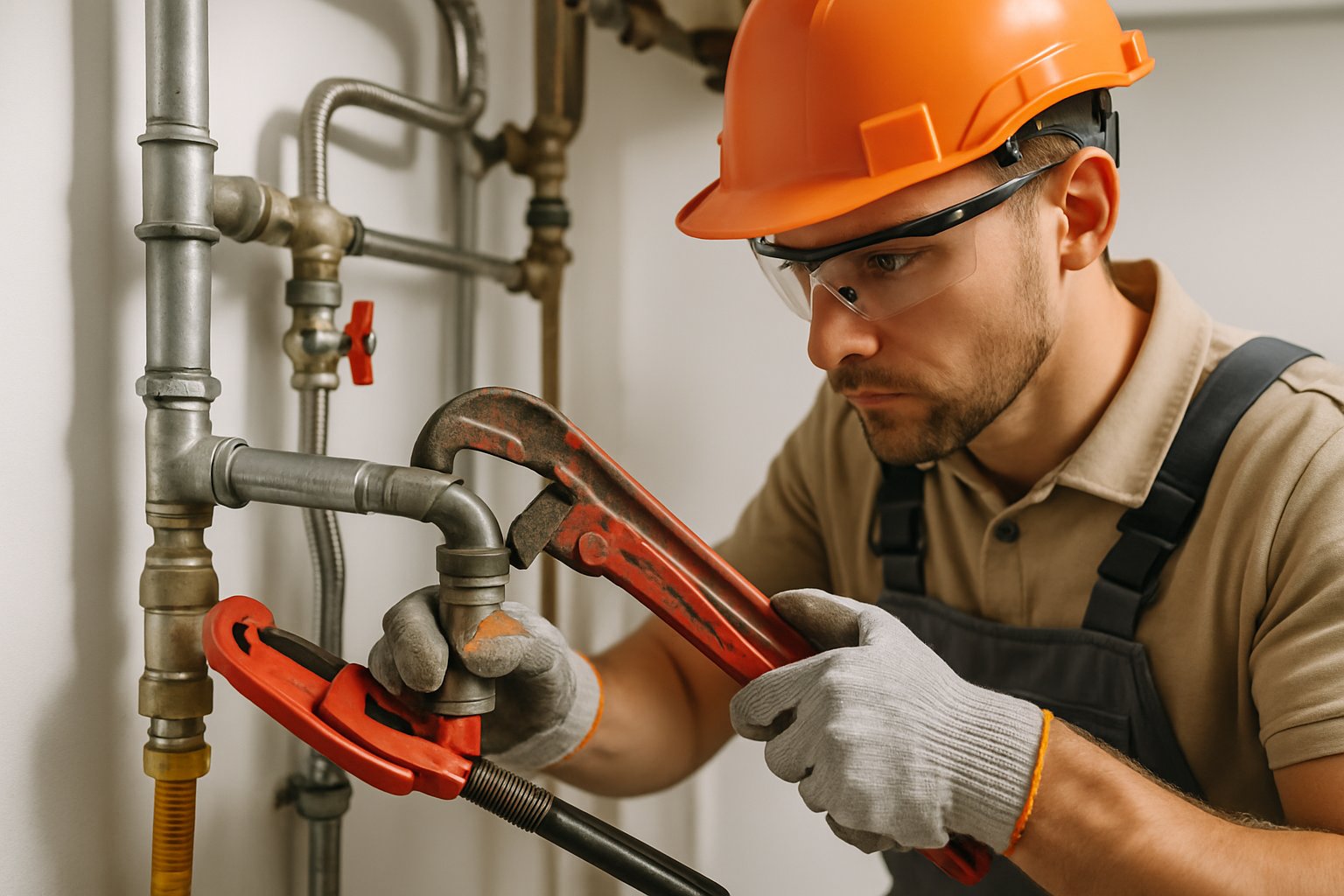 Technician installing a gas line with tools and safety gear in a residential setting.