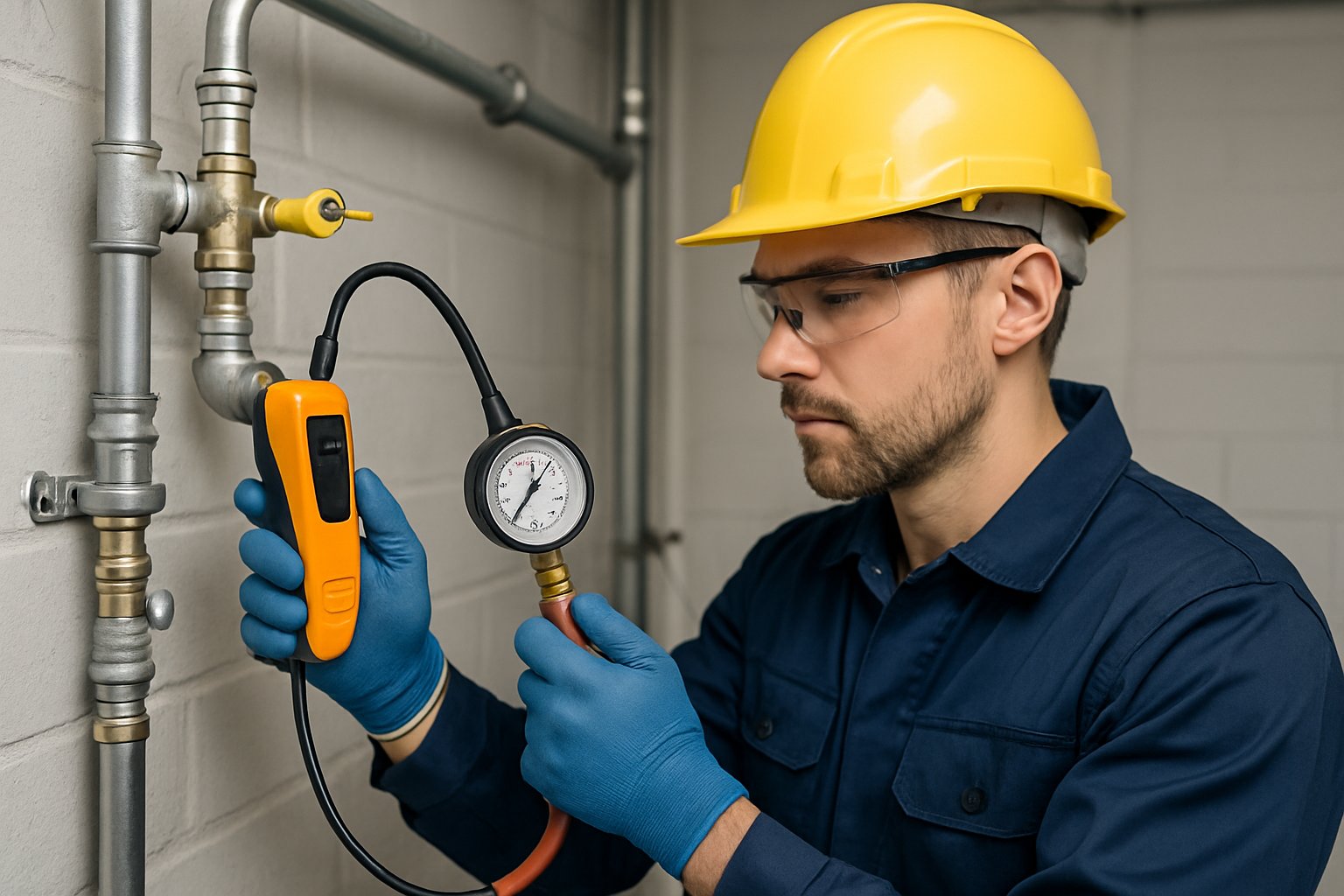 Technician inspecting and testing a gas line installation using safety equipment and specialized instruments.