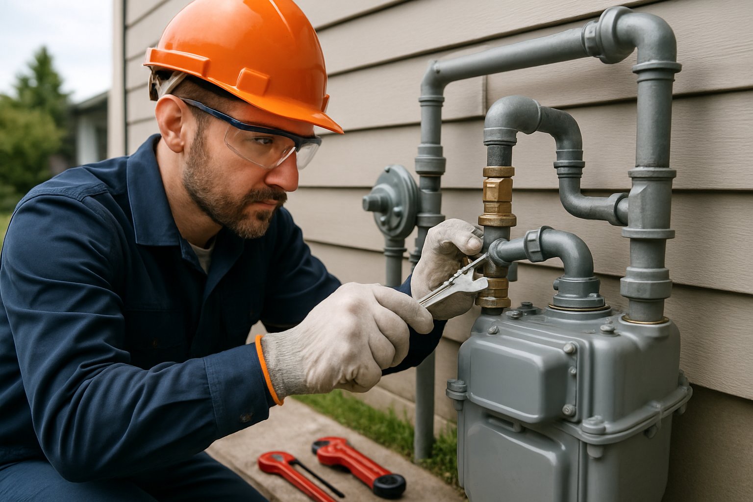 Technician wearing safety gear working on a gas line installation outside a house.