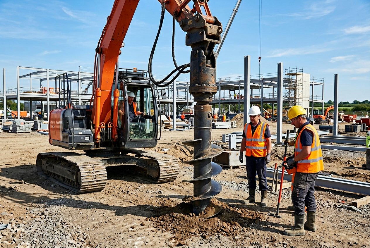 Construction site with workers installing a helical pile into the ground using heavy machinery.