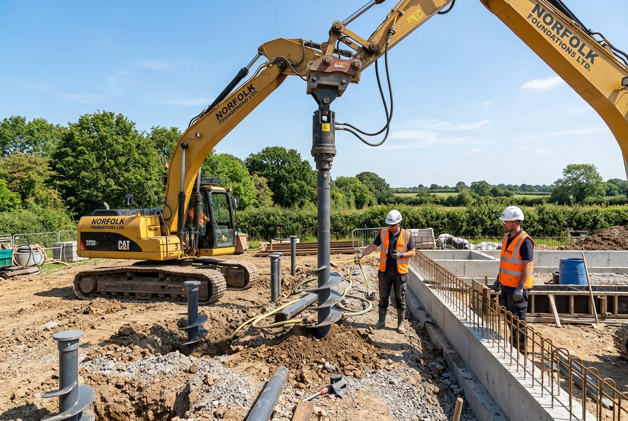 Construction workers installing steel helical piles into the ground at a building foundation site in Norfolk County.