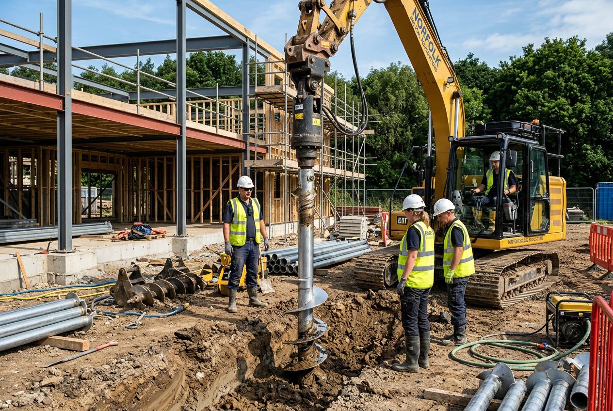 Construction workers installing helical piles at a building site with machinery and a partially built structure in the background.