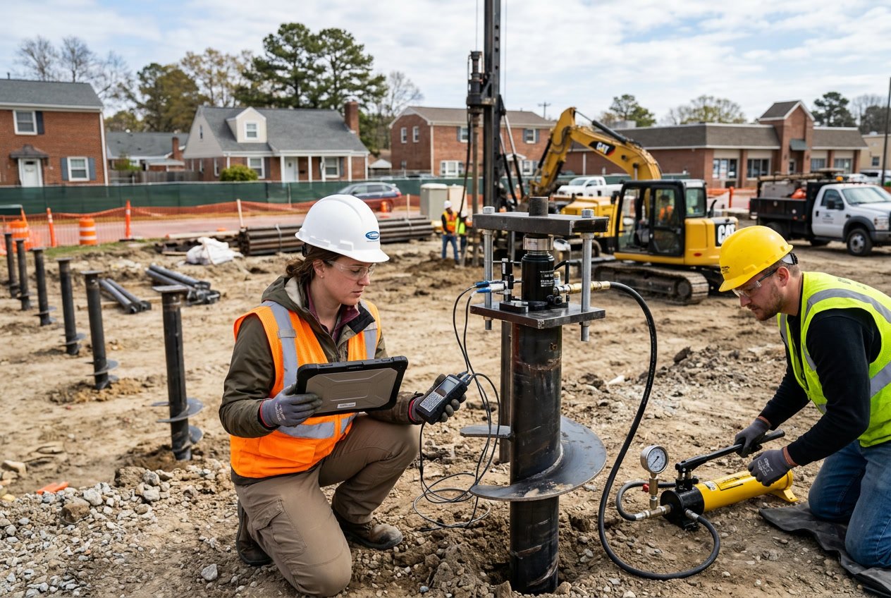 Engineers inspecting helical piles at a construction site with monitoring equipment and machinery in Norfolk County.