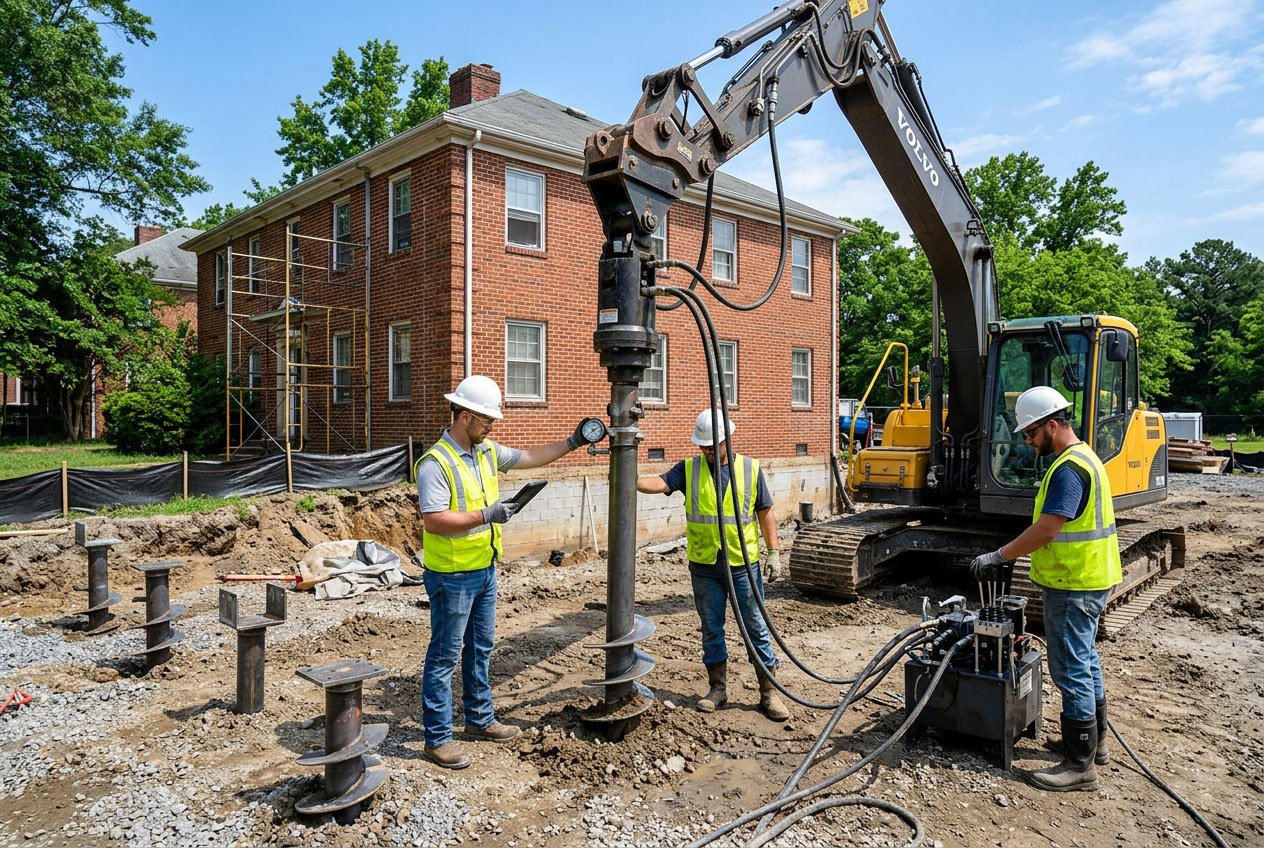 Construction workers installing helical piles at a building foundation repair site with equipment and safety gear.