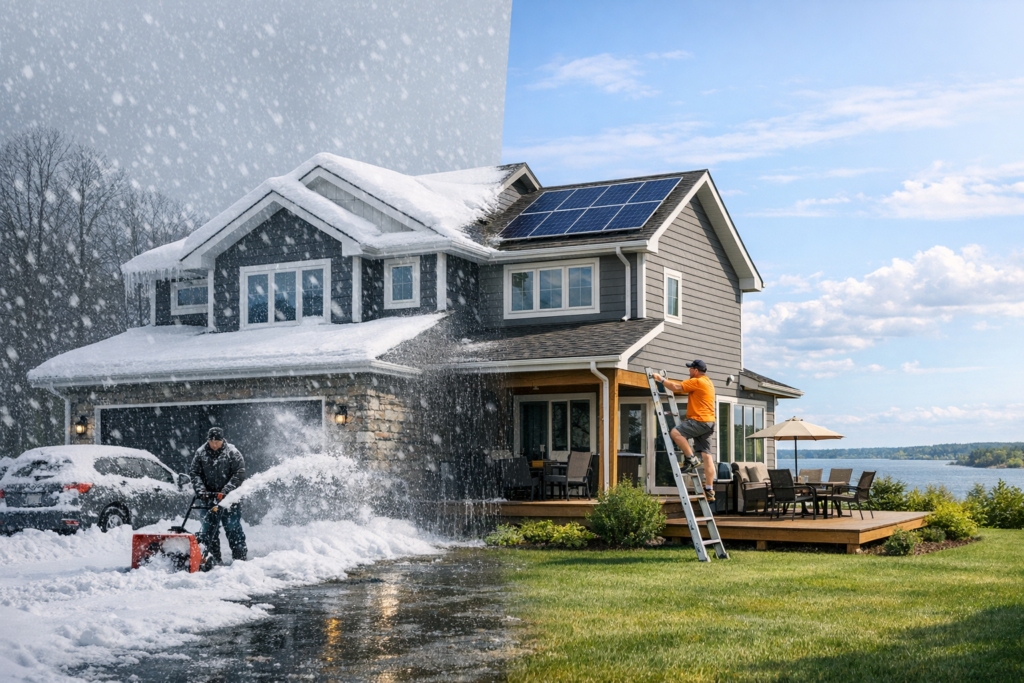 House siding with a worker on a ladder in changing weather