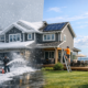 House siding with a worker on a ladder in changing weather